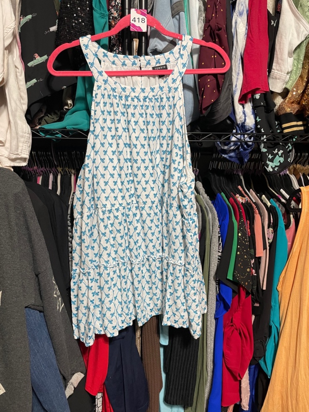 #418 size 4 torrid White halter with Blue embroidered eyelet Print